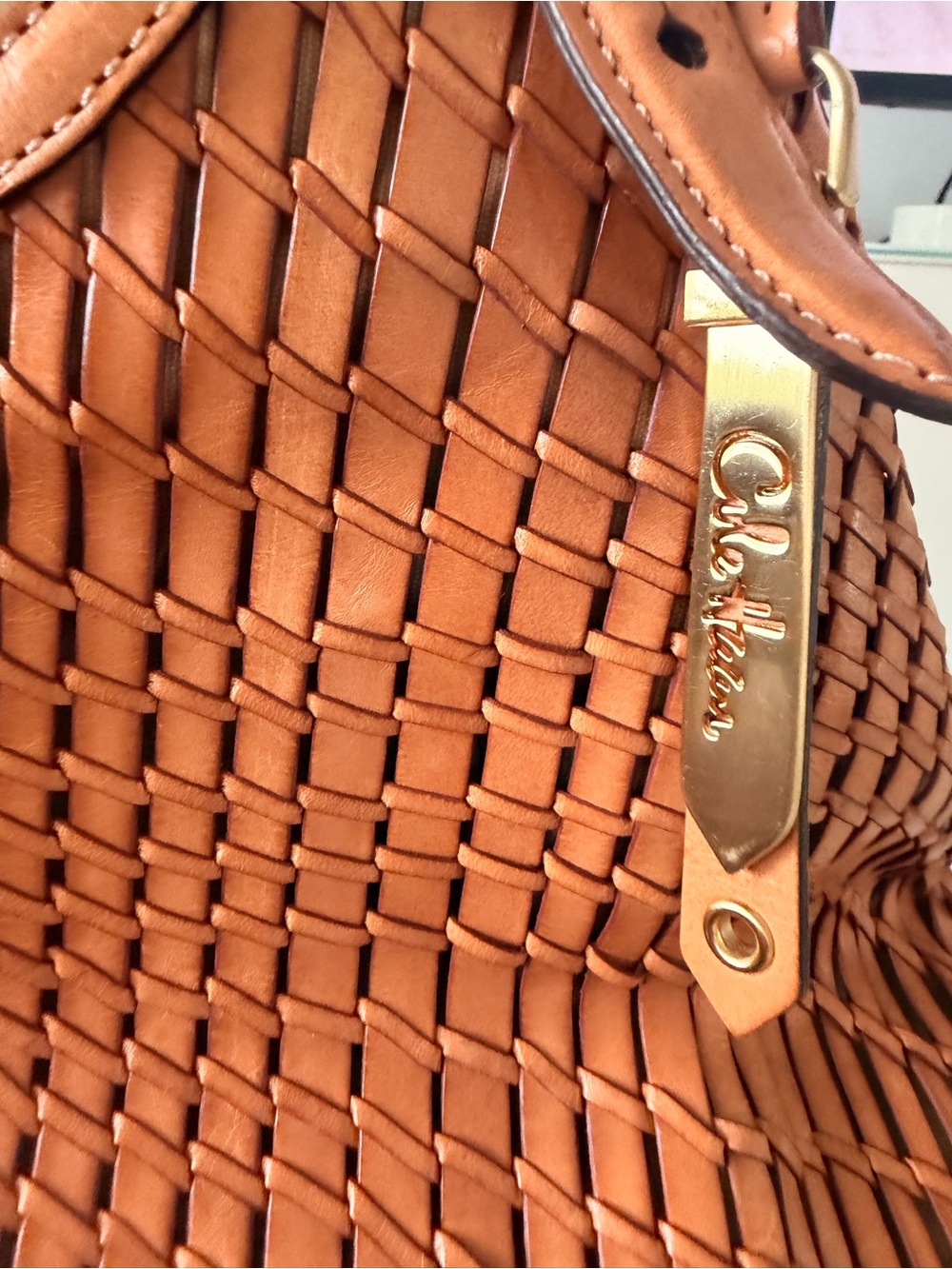 Cole Haan Woven Tan Leather Shoulder Bag with Gold-Tone Chain - Picture 8 of 15